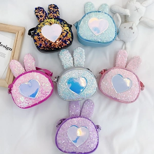 Kids Sequin Crossbody Bag Cute Rabbit Ear Shape Heart Pattern Adjustable Shoulder Strap For Toddler Girls Fashion Small Purse