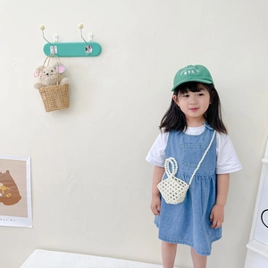 Kids denim dress set with white t-shirt and white pearl beaded mini handbag accessory