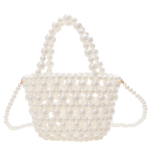 Beaded pearl handbag for girls with top handle and long shoulder strap in cream white