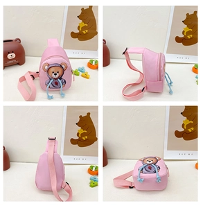 Pink cartoon bear crossbody bag for children showing front side and top view details