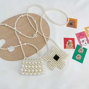 Kids Mini Shoulder Bag Handmade Faux Artificial Pearl Beaded Floral Shaped Crossbody Vintage Elegant Style For Girls