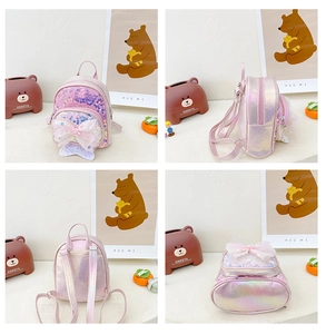 Vue détaillée de face, de côté et de dos du sac à dos rose à paillettes pour enfant