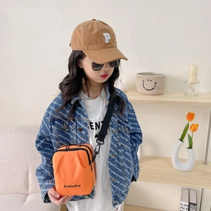 Kid's trendy orange canvas crossbody bag and brown baseball cap set for spring fashion