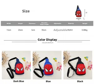 Detailed size chart and specs for Marvel Spiderman nylon kids chest bag with measurements