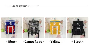 Detailed view of NY logo embroidery on durable nylon kids outdoor backpacks in four colors