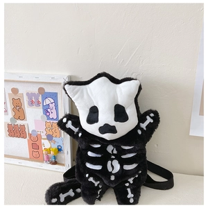 Close-up of cute creative panda skeleton plush backpack with soft faux fur texture