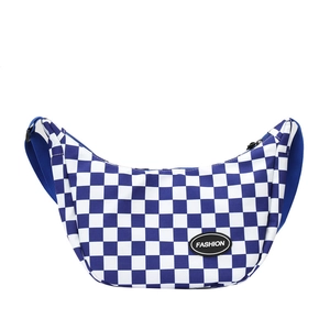 Blue and white checkerboard crescent crossbody bag for kids with adjustable strap