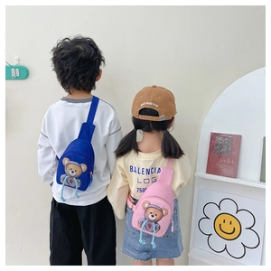 Kids cute cartoon bear canvas crossbody chest bag in blue and pink for boys and girls