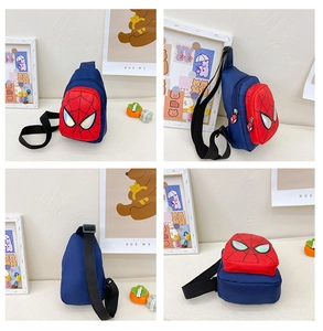 Detail of Spiderman theme kids crossbody chest bag with colorful reflective mask print