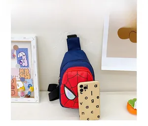 Detail view of Spider-Man themed crossbody chest bag with size comparison to a smartphone