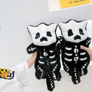 Plush Skeleton Cat Backpack Soft Furry Cartoon Gothic Halloween School Bag For Kids Toddlers Adjustable Straps Lightweight