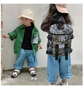 Close-up of camouflage children backpack with NY embroidery and buckle details in use