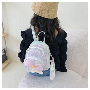 Détails des paillettes holographiques et du nœud en tulle sur sac à dos enfant