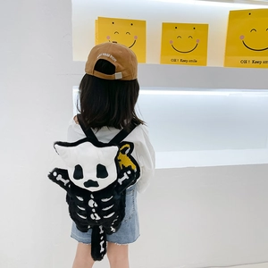 Cute children's plush panda skeleton backpack with long tail for kids' daily travel