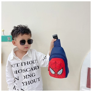 Detailed view of Spider-Man themed blue kids crossbody bag with adjustable strap