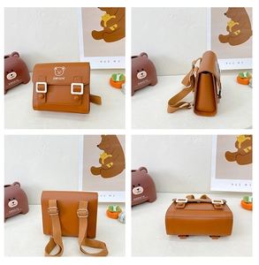 Detail view of retro PU leather kids backpack with bear logo and adjustable straps