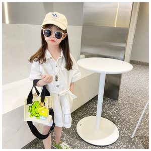 Kid's white utility romper with smile graffiti canvas tote and casual accessories