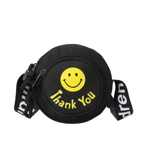 Schwarze Mini-Umhängetasche für Kinder aus Canvas mit gelbem Smiley und Thank You Text