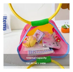 Detailed interior view of a mesh beach tote bag showing high storage capacity for daily items