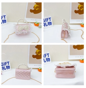 Multi-angle details of pink quilted kids handbag with pearl bow and lace trim