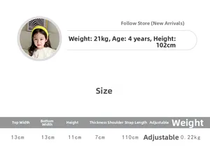 Guide des tailles du mini sac cœur pour enfants avec bandoulière réglable de 110 cm