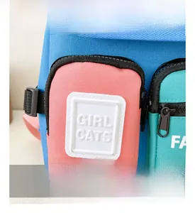 Detail of durable canvas kids backpack with GIRL CATS label and colorful pockets