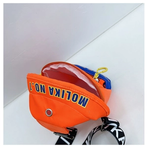 Close-up of orange and blue canvas chest bag showing the main compartment interior space