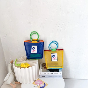Sac À Main En Maille Pour Enfants Couleur Contrastée Écusson Fleuri Sac De Plage Avec Poignée Ronde Pour Fillette