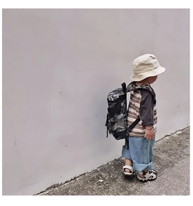 Detail view of the lightweight camo nylon backpack with embroidered letters for children