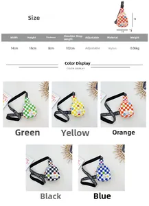 Size chart and color display for checkerboard nylon kids chest bags with adjustable straps