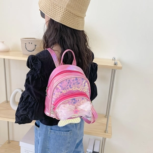Sac à dos rose brillant à paillettes pour filles avec nœud en résille et poisson