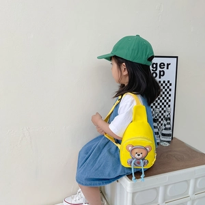 Cute yellow canvas kids crossbody bag with cartoon bear print and adjustable strap