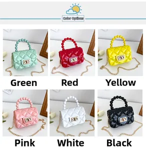 Detail showing PVC jelly bags in six colors with pearl handles and diamond pattern