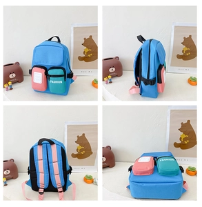 Detail view of colorful kids backpack showing breathable mesh back and side buckle straps