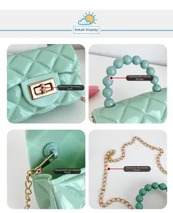 Detail view of mint green quilted PVC bag with gold twist lock and pearl handle