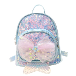 Sac à dos sirène bleu clair pour filles avec paillettes, nœud en résille et queue holographique