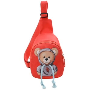 Red kids chest bag with cartoon bear print and adjustable strap on white background