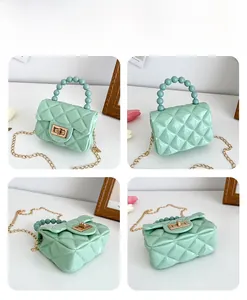 Detailed views of mint green PVC jelly mini bag with diamond quilt and pearl handle