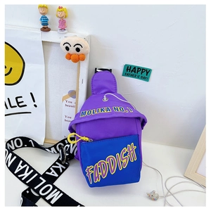 Detail of purple and blue canvas crossbody bag with Molika lettering and earphone port