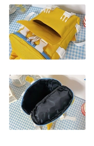 Detail view of yellow canvas backpack showing interior compartments and blue zipper closure