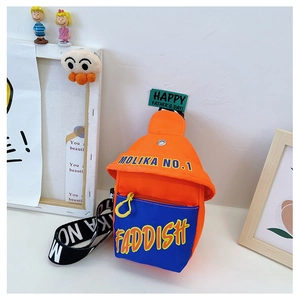 Close-up of kids crossbody chest bag with orange and blue contrast design and lettering