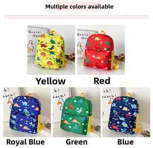 Detailed grid showing five vibrant colors of cartoon dinosaur backpacks for kids