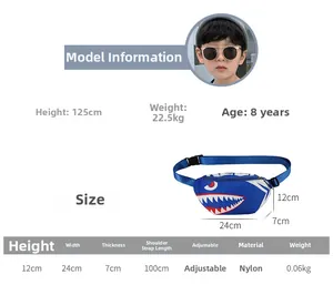 Size chart showing blue shark chest bag dimensions and adjustable nylon strap details