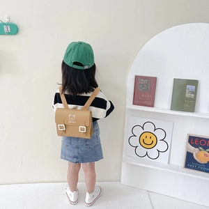 British vintage PU leather schoolbag for kids in khaki with cute bear print and flap cover