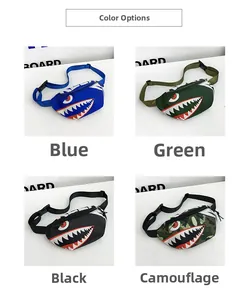 Detail showing cartoon shark teeth pattern chest bags in blue, green, black and camo colors