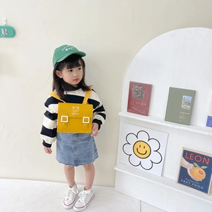 British style yellow PU crossbody bag for kids with cute bear print and stay cute text