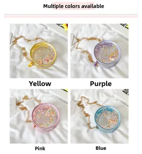 Detailed grid view of girls' colorful glitter crossbody bags in pink, blue, yellow, and purple