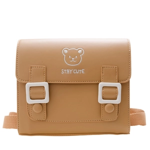 British style kids brown PU leather backpack with bear embroidery and stay cute text