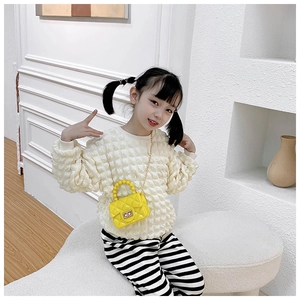 Yellow mini PVC crossbody bag with diamond quilted texture and pearl handle for girls