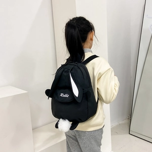 Cute black toddler canvas backpack with 3D rabbit ears and a plush tail design